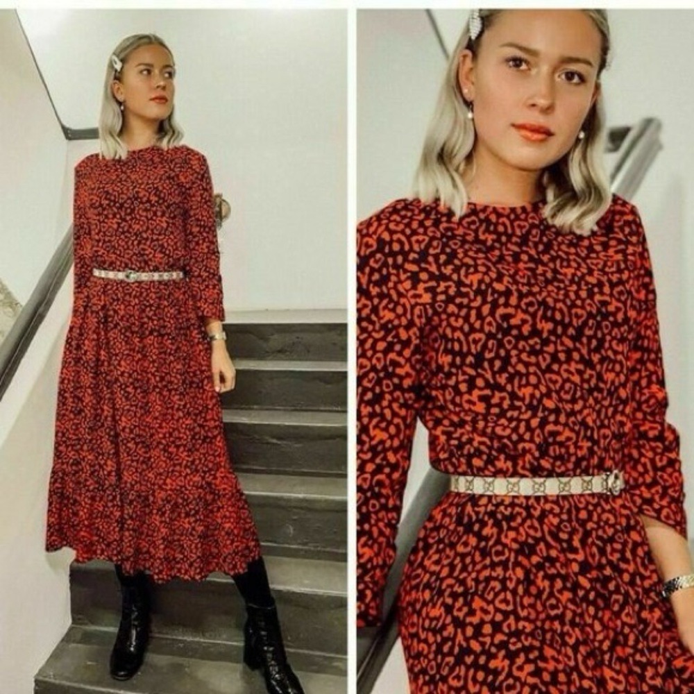 Zara Leopard Print Midi Dress Small Red Black Animal Tiered Ruffle Long Sleeve